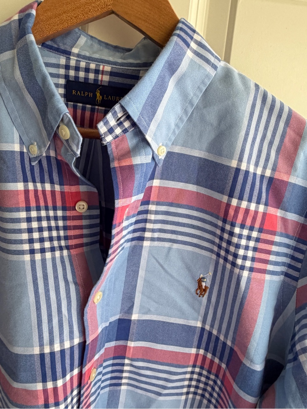 Like new size L Ralph Lauren Light Blue, Navy and Red Plaid Button-Down Shirt. - Picture 3 of 9